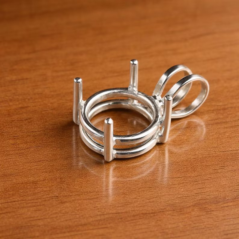 925 Sterling Silver Round 12mm Prong Pendant Setting Pre-Notched DIY Jewelry