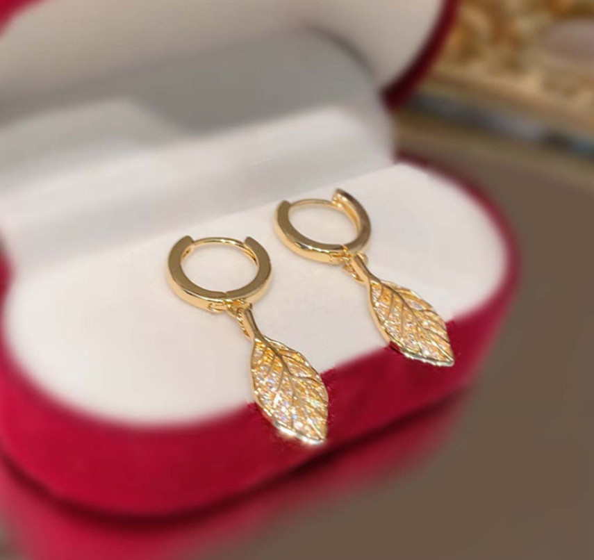 Women 925 Sterling Silver Dangle Pave CZ Hanging Leaf Huggie Hoop Earrings PE25