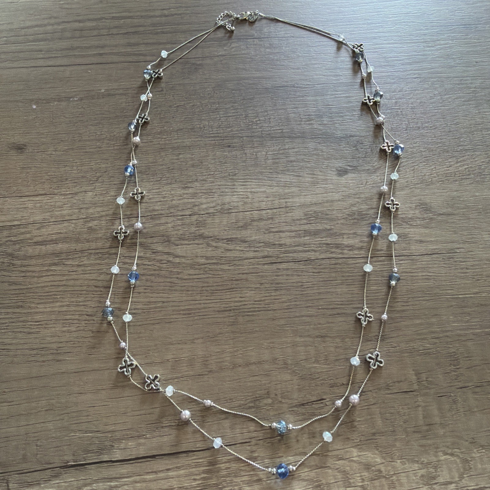 Silver Tone Chain With Blue And Clear Beads, Pink Pearls 60”