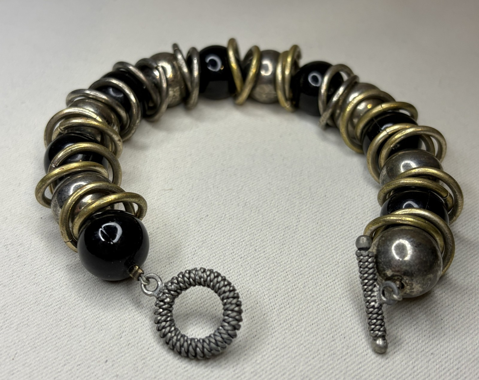 Vintage Mixed Metal Toggle Bracelet Chunky Silver Brass Jump Ring Black Beads