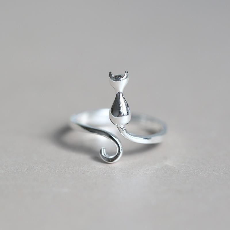 Adjustable Silver Color Cat Ring Women Cute Open Band Daily Jewelry Lovely Gift