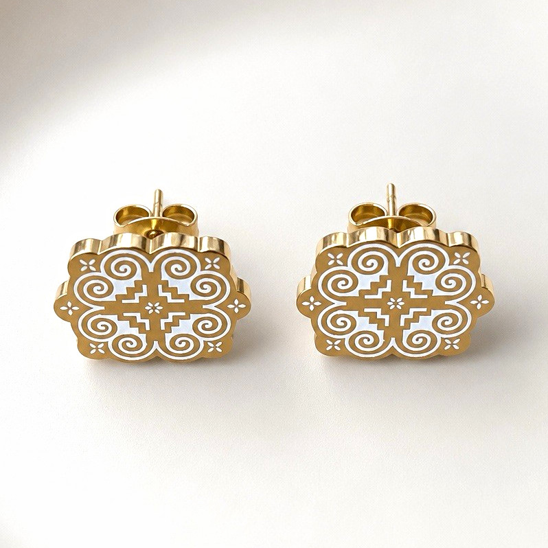 Clover Scroll Filigree Pattern Stud Earrings, Gold Tone Metal, Butterfly Back