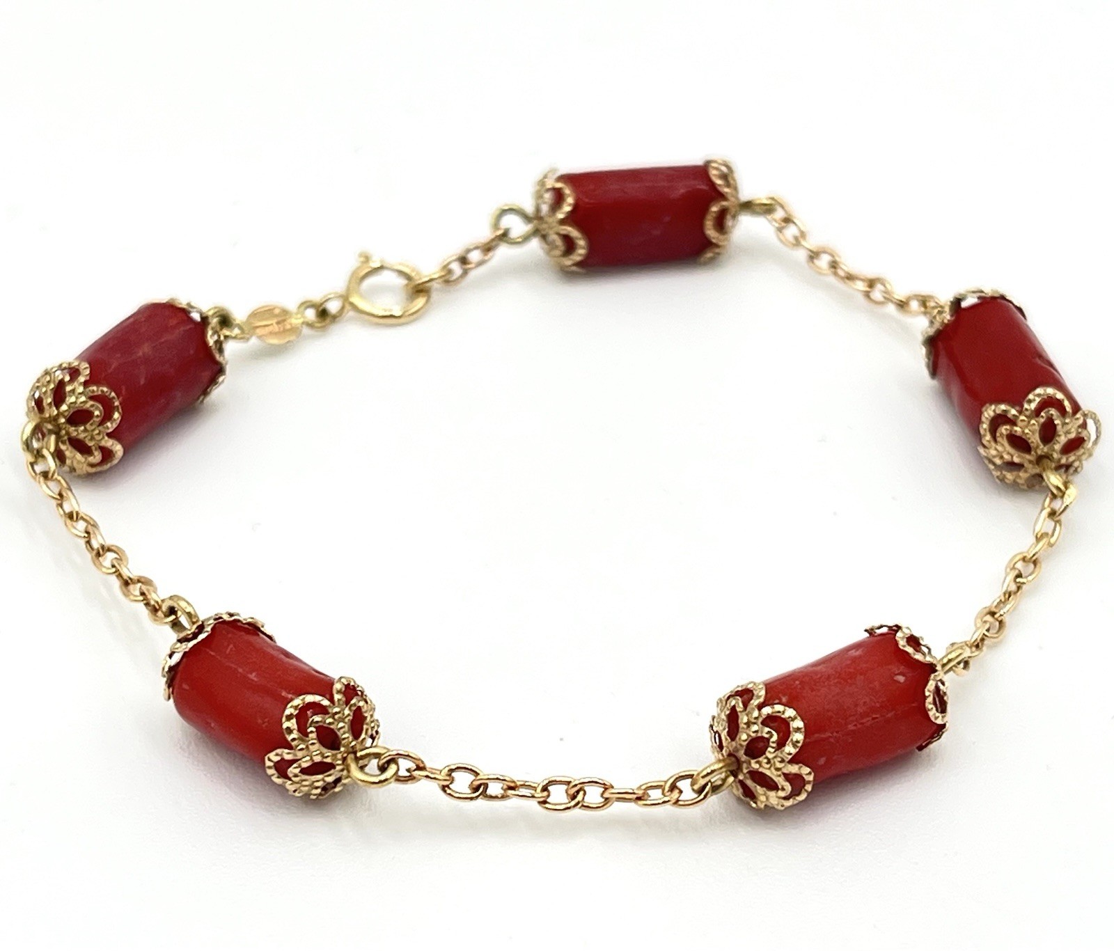 Handmade 14kt Gold Barrel Mediterranean Red Coral Bracelet