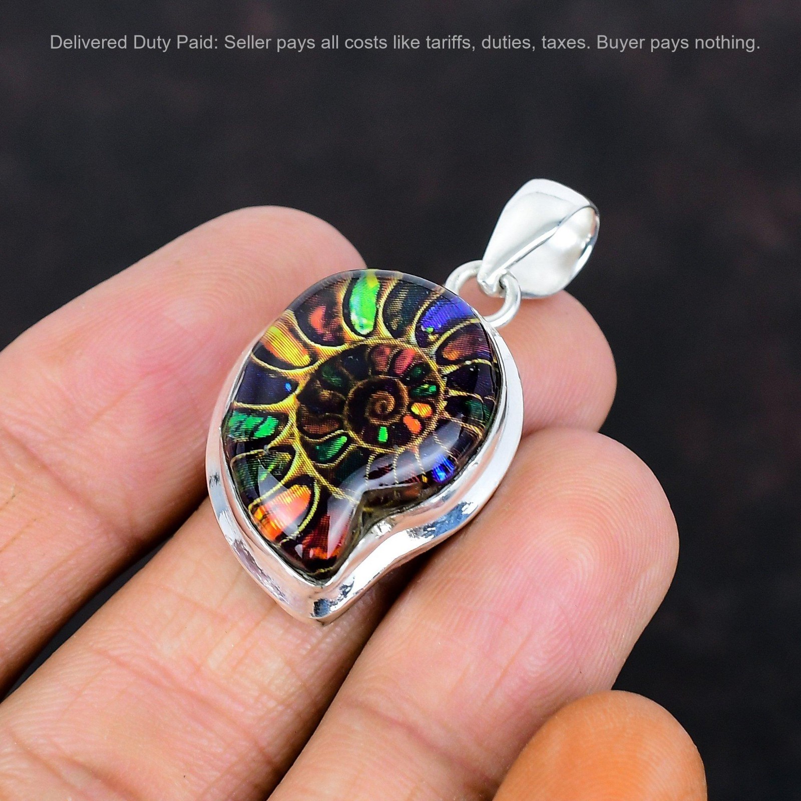 Multi Shade Ammonite Fossil Gemstone Pendant 925 Sterling Silver Handmade Jewelr