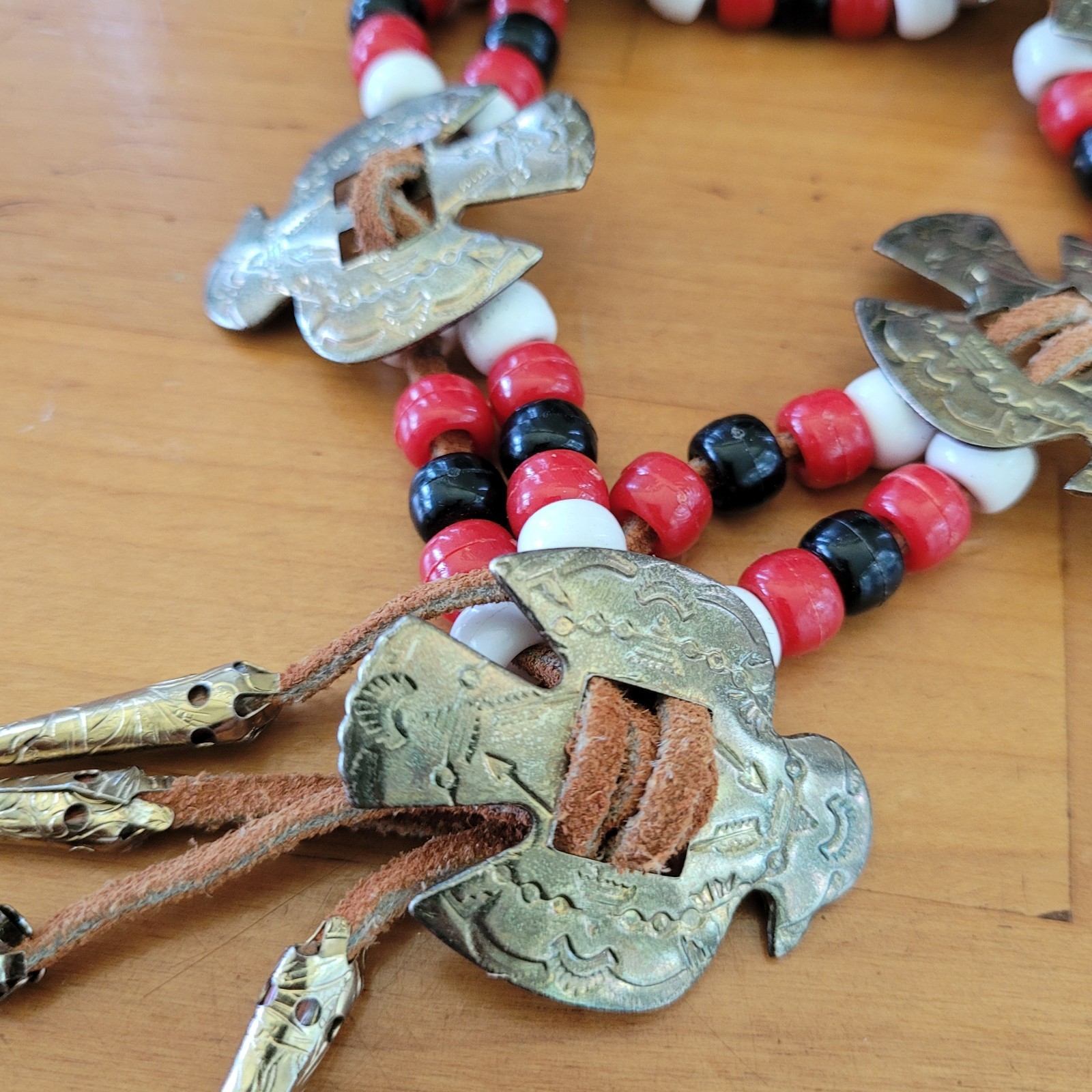 Tribal Southwestern Multi Strand Bracelet Red Black White Beads Bird Plaques 40g