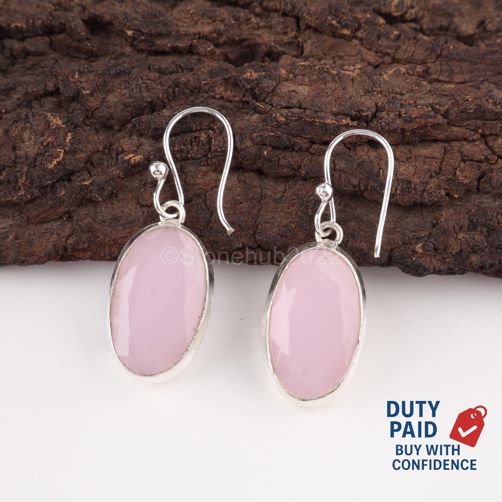 Oval Natural Pink Chalcedony Sterling Silver Sister Drop Channel Set Earrings