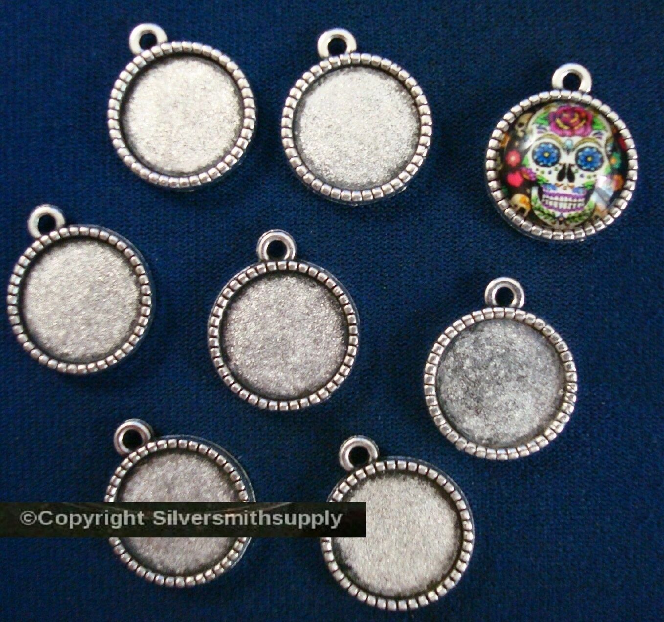 8 Bezel tray settings Silver pl holds 14mm cabochon pendant earring charm FPE170
