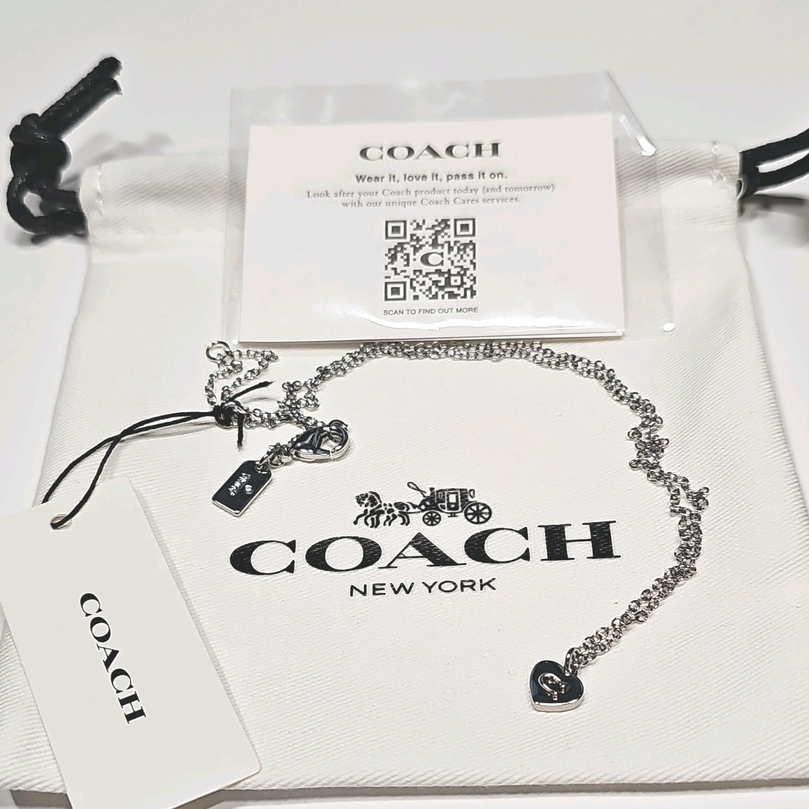 Coach Silver Tone Heart Charm Pendant Necklace Cable Chain Lobster Clasp NWT