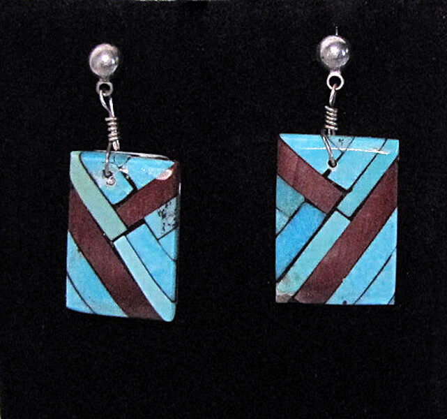 Artisan Earrings Blue Red JLR Drop Dangle Enamel Tile Handmade
