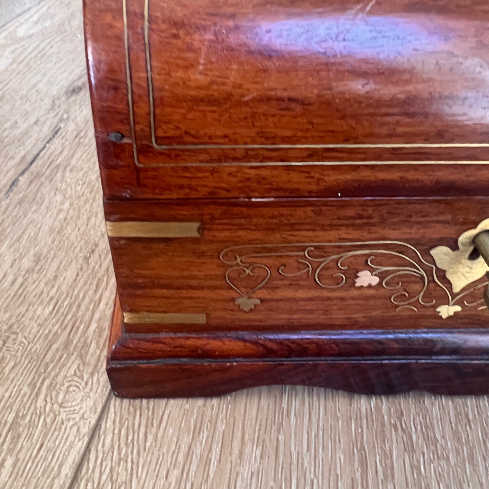 Vintage Wooden Jewelry Box Dome Top Brass Inlay Chest with Key Keepsake Box