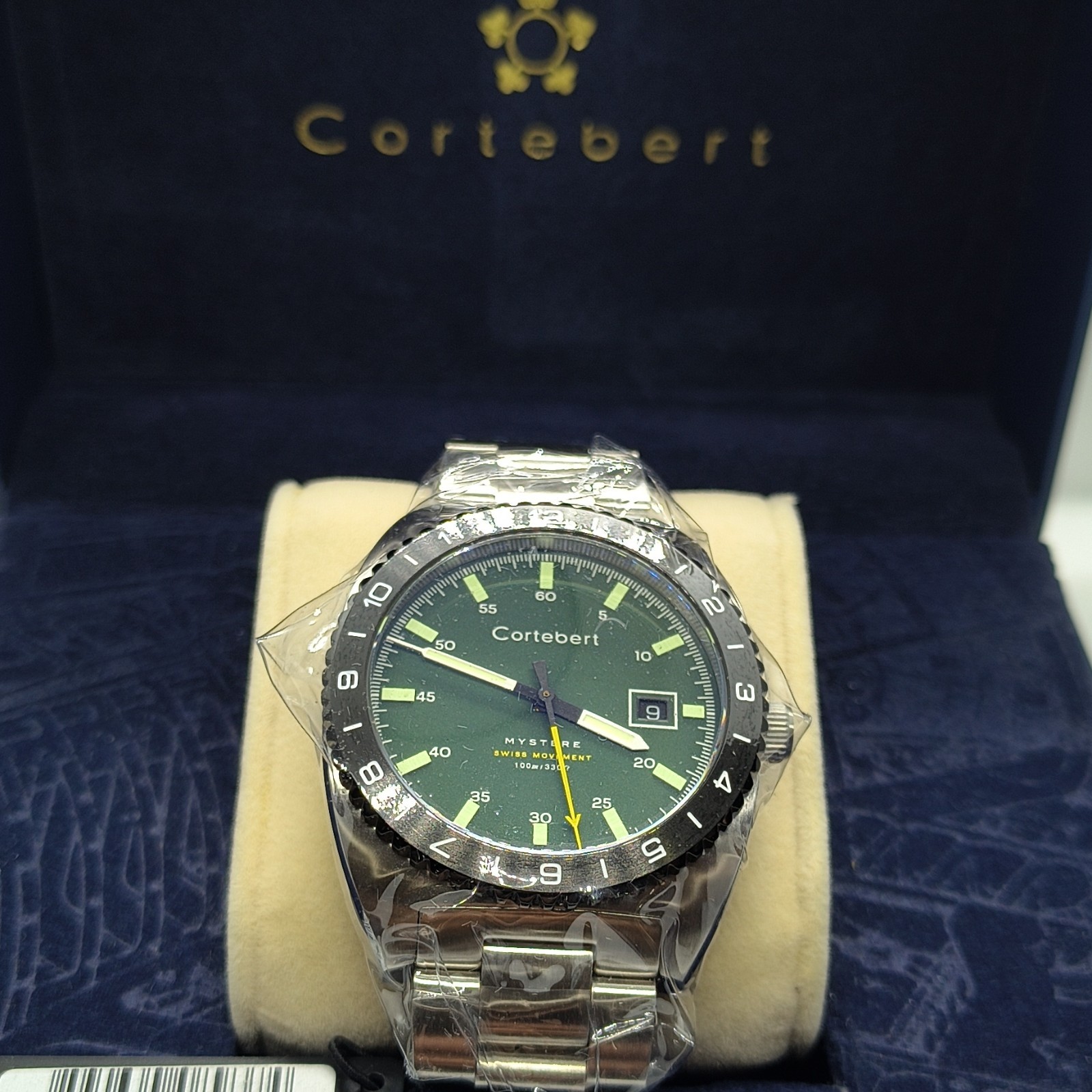 Cortébert Mystère Automatic Diver 100m Green Dial Date Steel Bracelet w/ Box