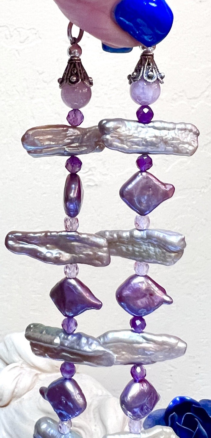 BEAUTIFUL Sterling Silver Purple, Blue, Silver Lustrous Pearl & Zircon Necklace