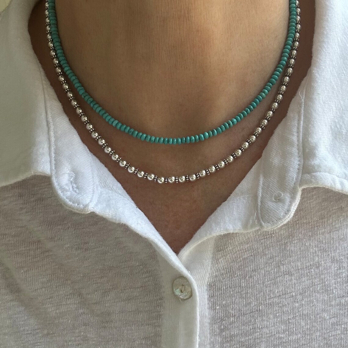Blue Green Small Seed Bead Arizona Turquoise Necklace, Tiny Delicate Dainty 3mm