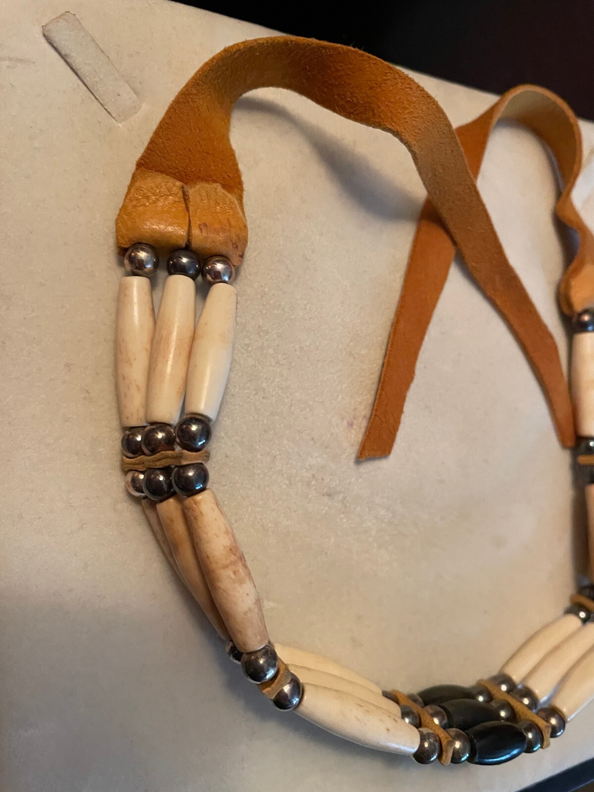 CHOKER NECKLACE HANDMADE BONE & STERLING CALF SKIN LEATHER SANTA FE, NM
