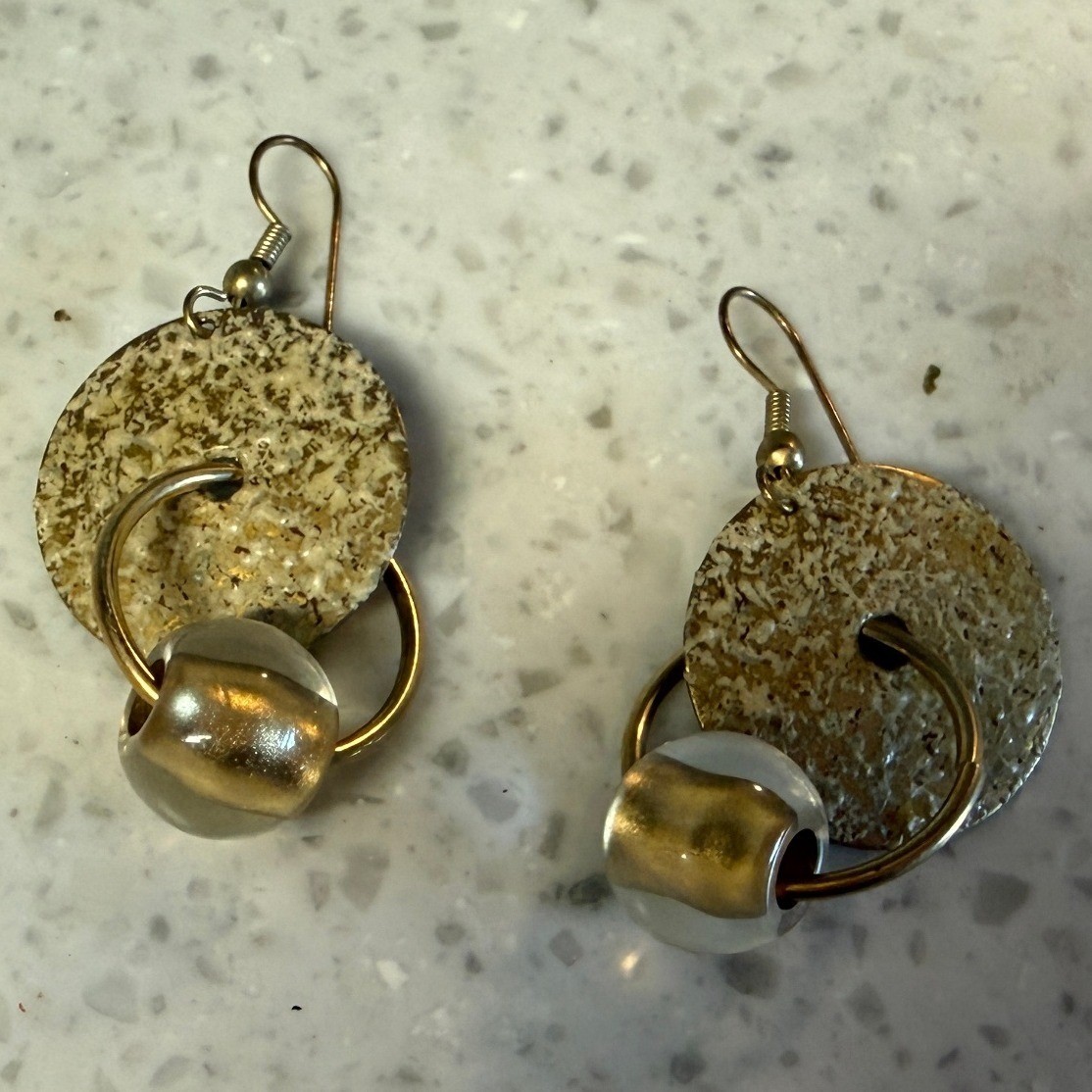 vintage 90s Mixed Media Dangle Earrings Gold Tone Textured Disc Bead Boho