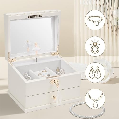Lihou PapaQ Wooden Ballerina Medium Musical Jewelry Box with Mirror and Lock …