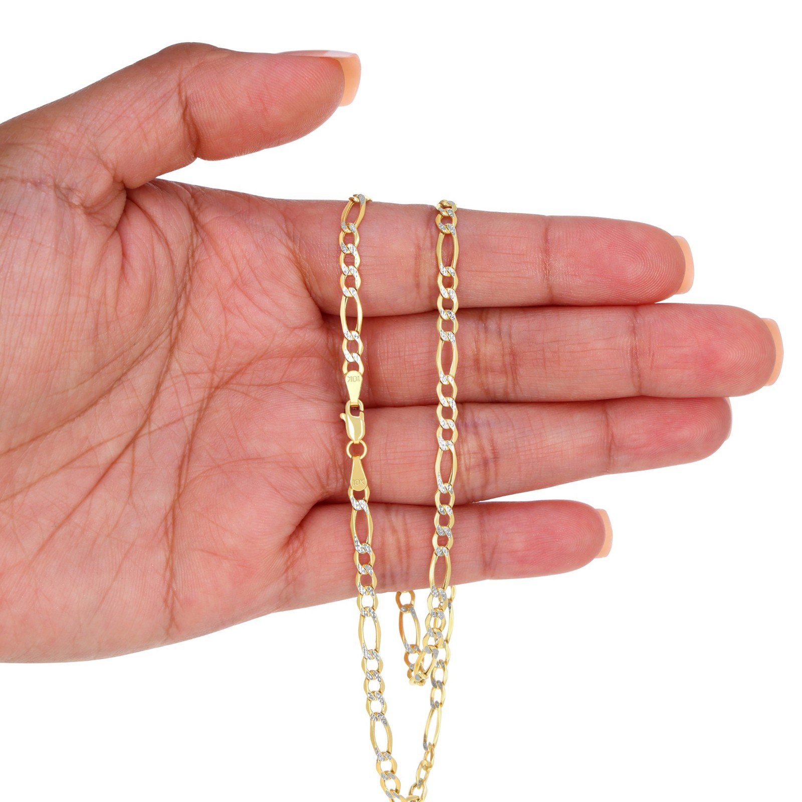 10K Yellow Gold 3.5mm Womens Diamond Cut White Pave Figaro Chain Bracelet 7″