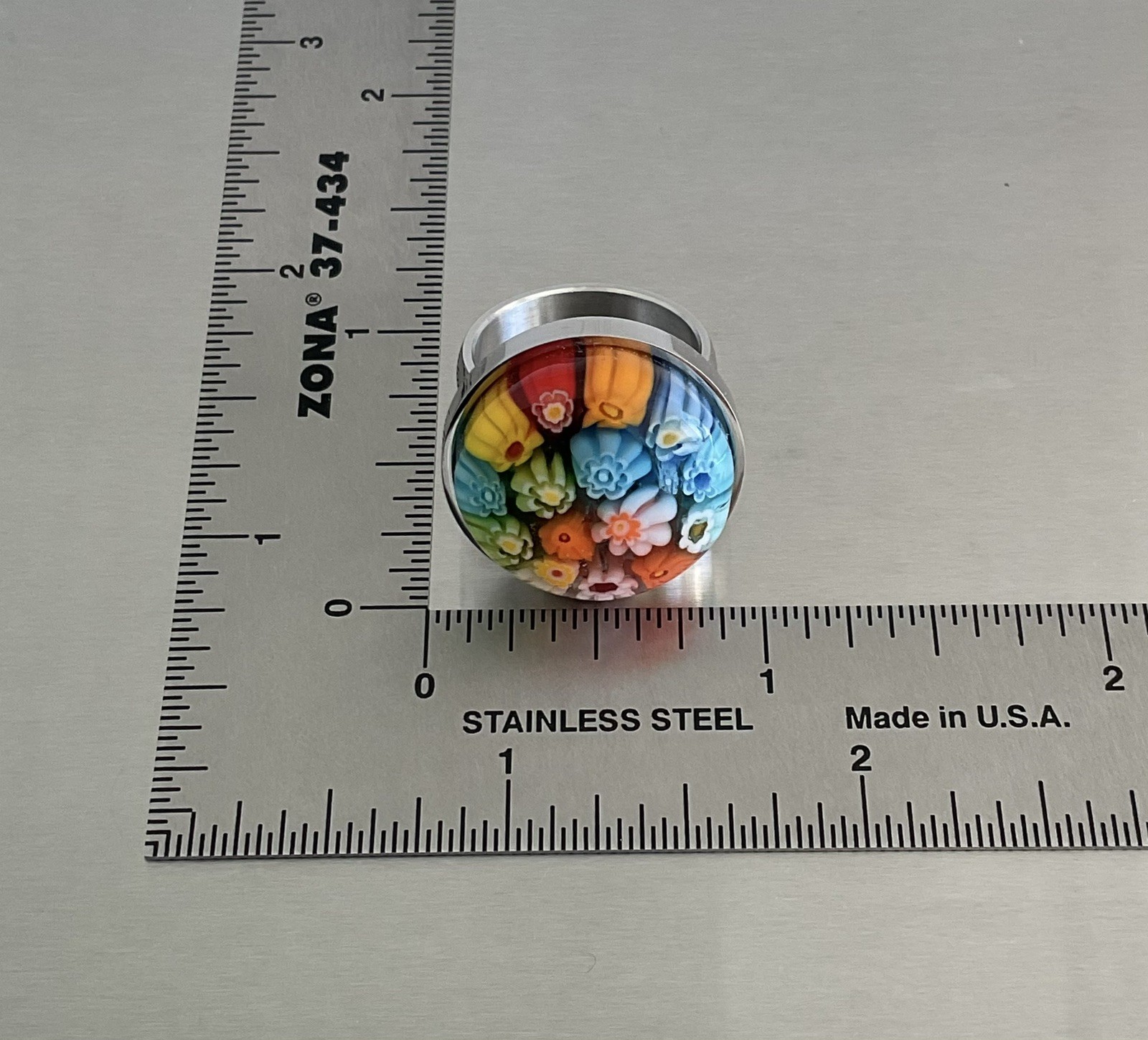 Multi Color Round Murano Millefiori Style Glass Ring Stainless Steel SZ 6, 9, 10