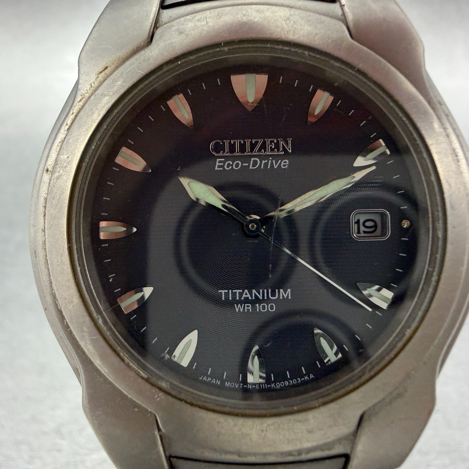 Citizen Eco-Drive Watch Men 36mm Black Dial titanium Date E111-K006350 Runs