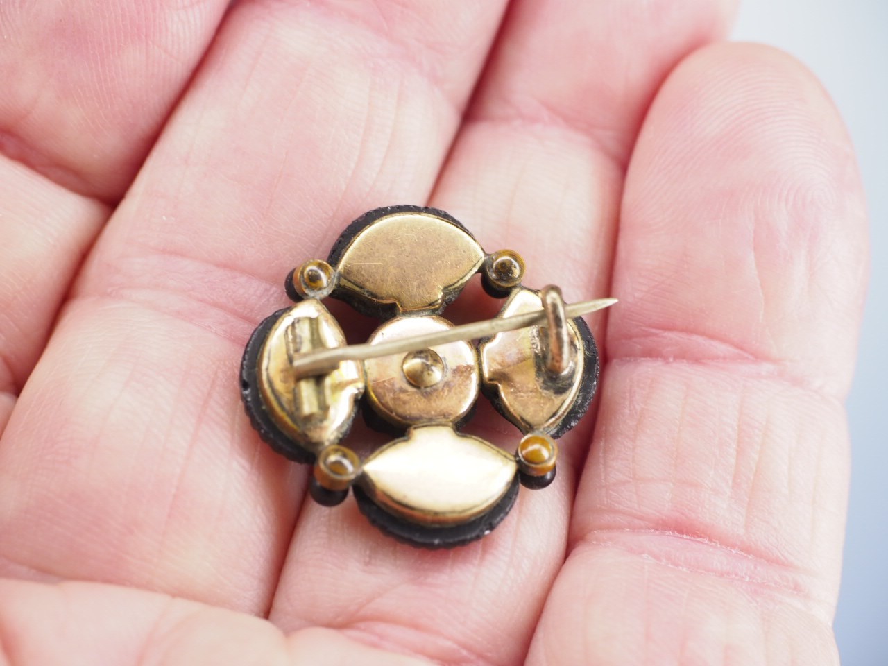Antique jet Black Carved, Textured Glass Mourning Brooch Victorian Flower Pin