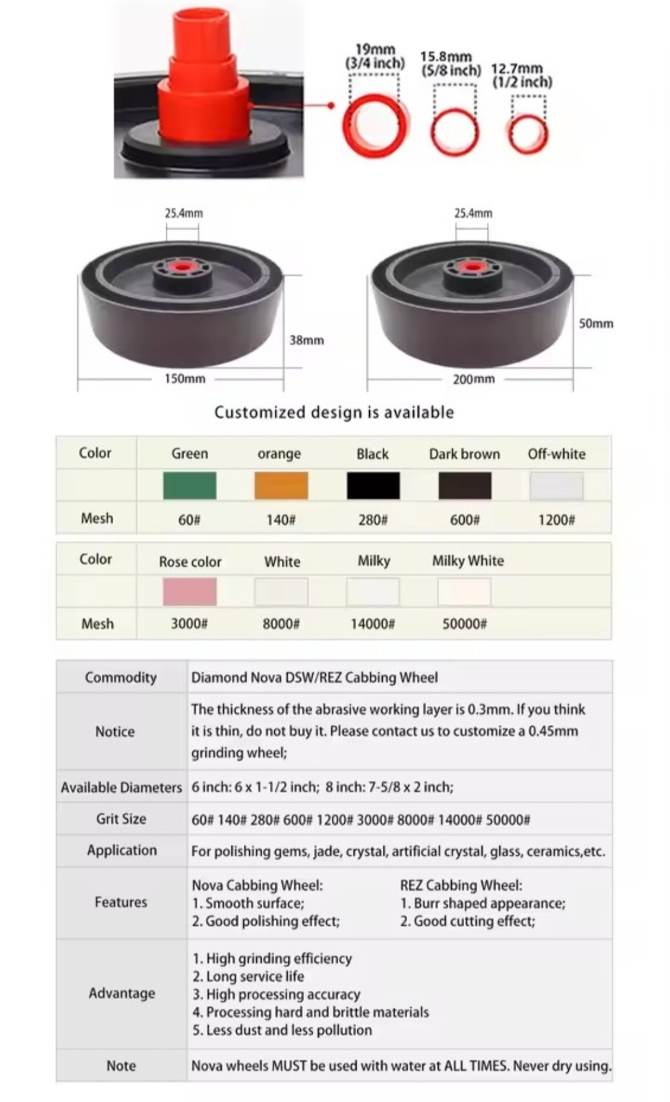 Diamond Lapidary Wheel 6 & 8 Inch Grit 60 to 14000 Opal Premium Cabbing Replacem