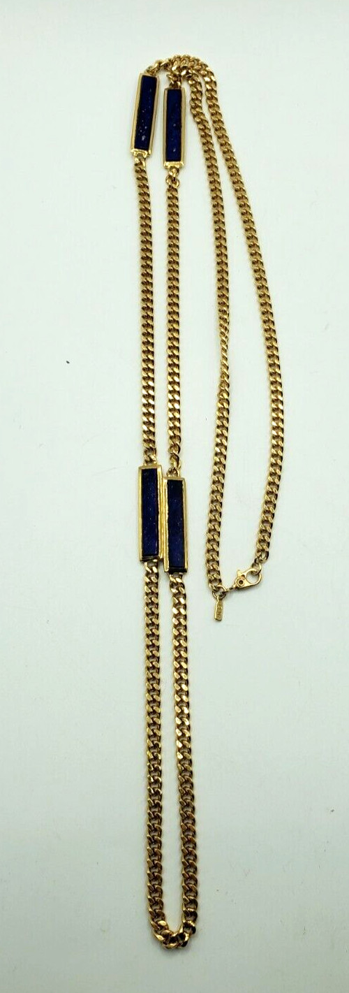 Vintage Monet Gold Tone an Four Blue an Gold Flake Bars on Heavy Chain Statement