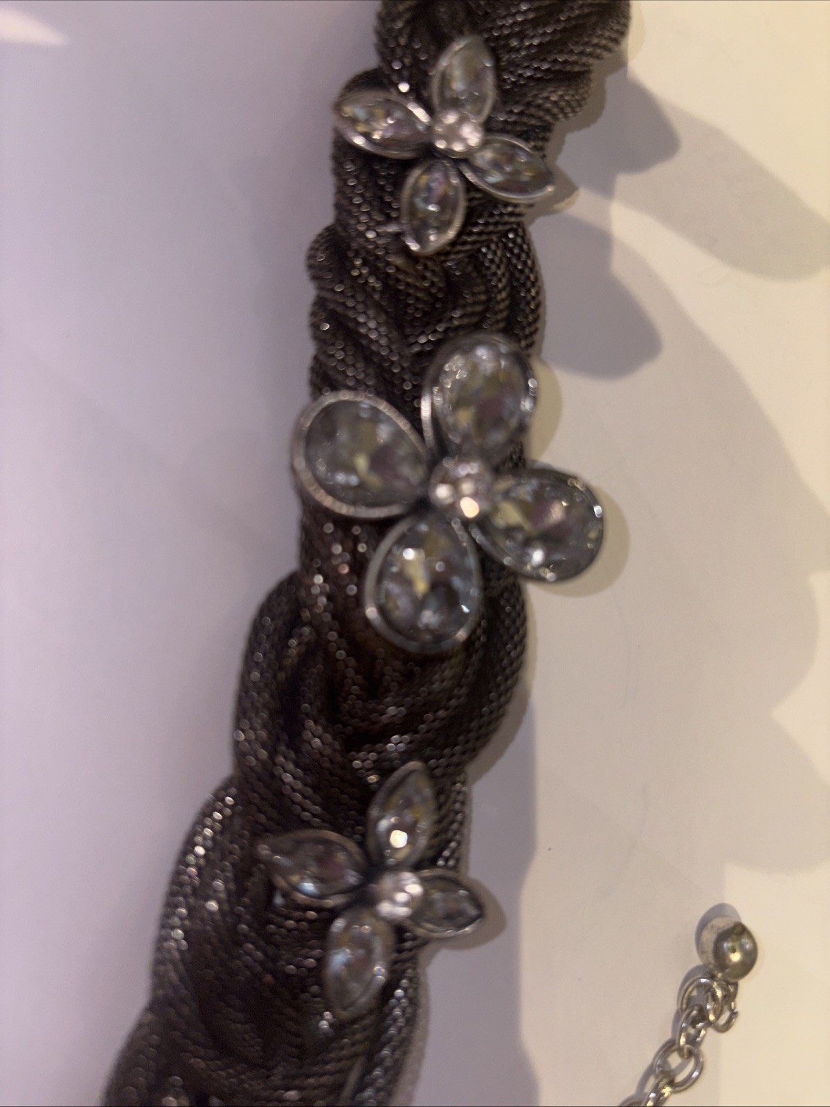 Rare Wide Vintage J. Crew Silver tone Knotted Mesh Crystal Rhinestone Bracelet