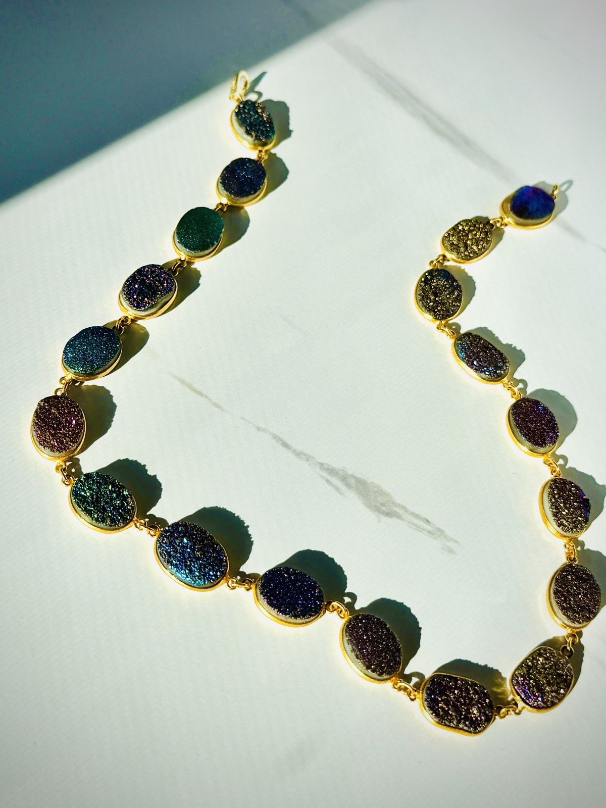 Gold Plated Sterling Silver Multi Color Druzy Link Station Necklace Rainbow New
