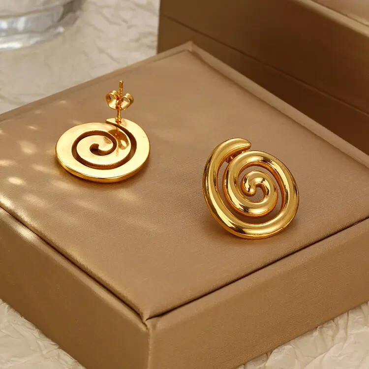 18K Gold Plated Spiral Stud Earrings Women Bold Modern Swirl Stainless Steel