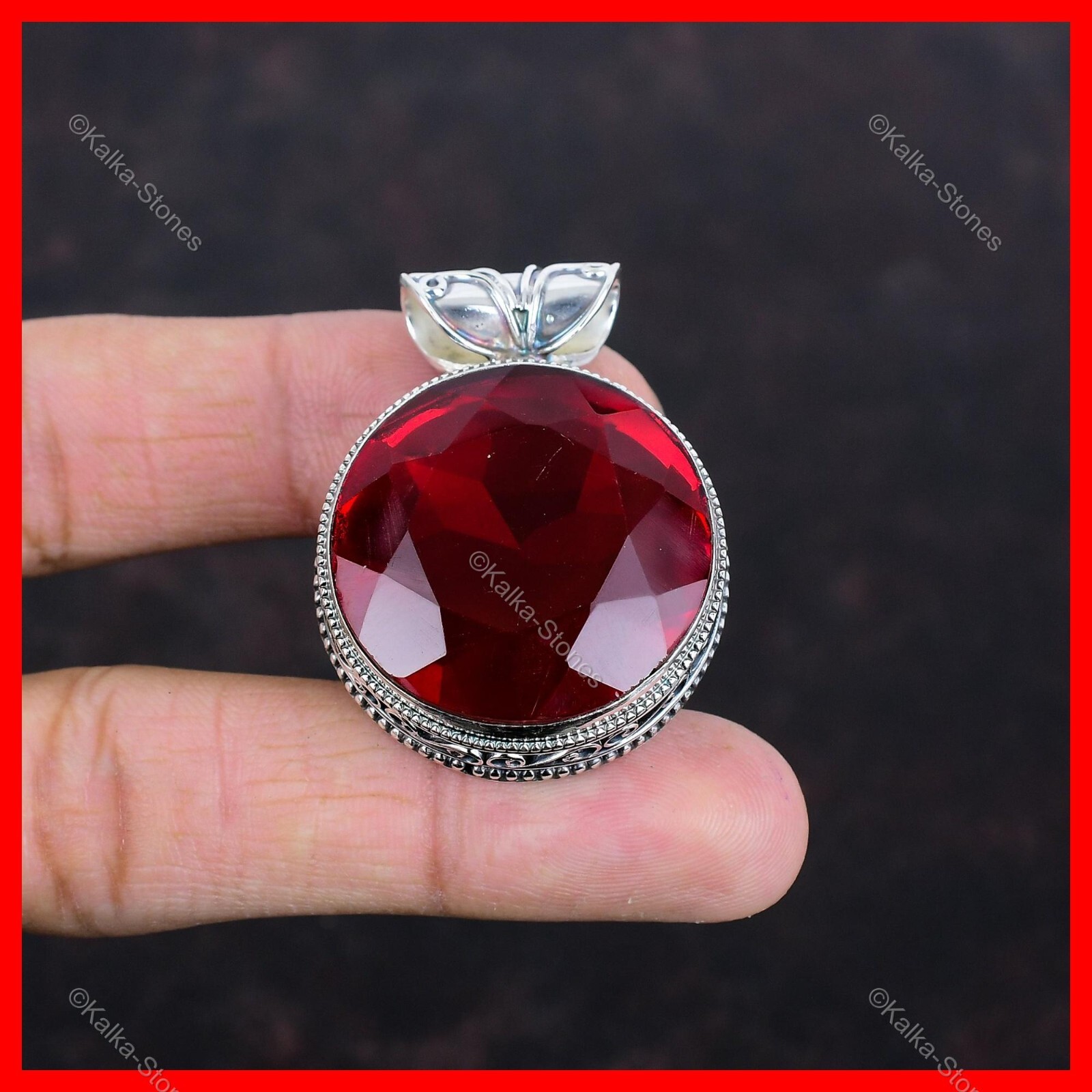 Valentines Deal Natural Mozambique Garnet Sterling Silver Vintage Bezel Pendant