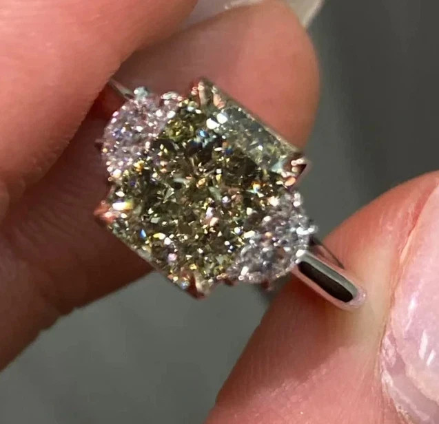 3.81CT Radiant Lab Grown Fancy Vivid Diamond Three Stone Ring Size 7 14k Gold