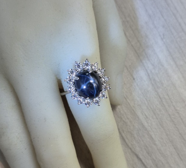 D’Joy Blue Star Sapphire (DF) + Moissanite (8.75 cttw) 925 silver ring size 9