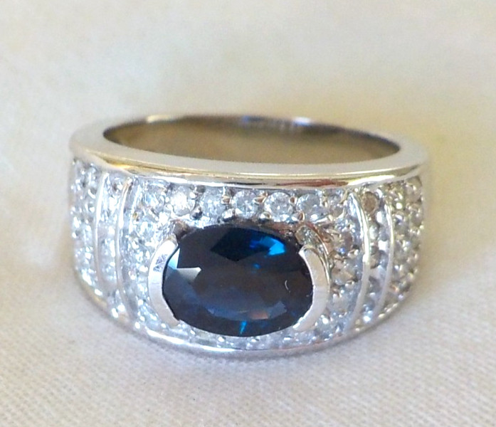 14k White Gold Solitaire Sapphire Diamond Ring – 6.80 gms, Sz 6.75, 1.86 ctw