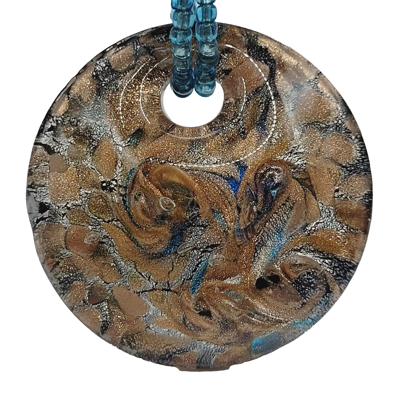 8 Strand Seed Beed Necklace with Metallic Foiled Large Round Art Glass Pendant