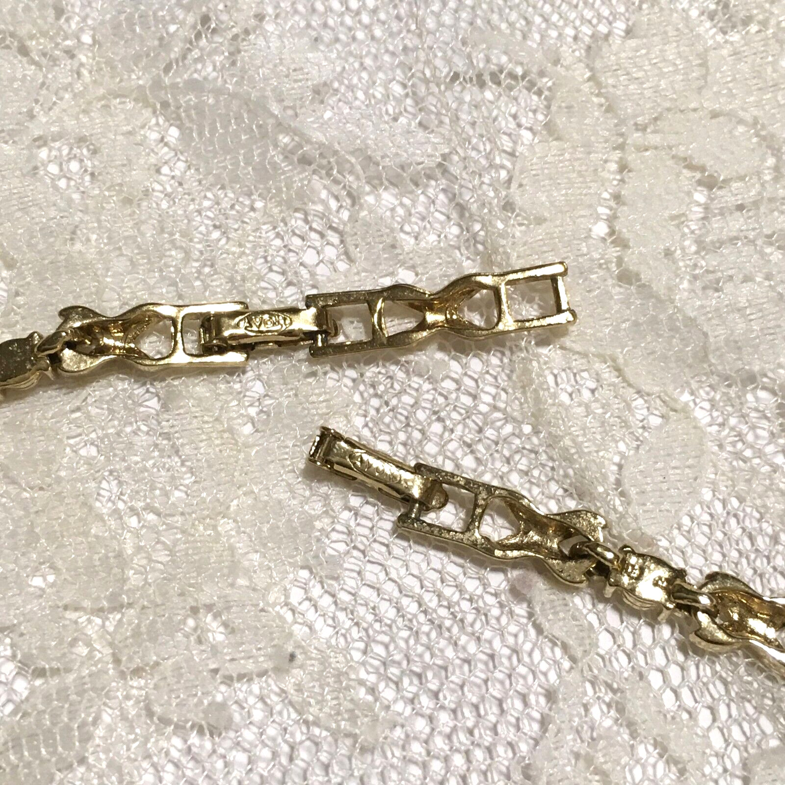 Vintage Chain Bracelet Gold tone X Link Avon Clear Rhinestones Fold over 8″