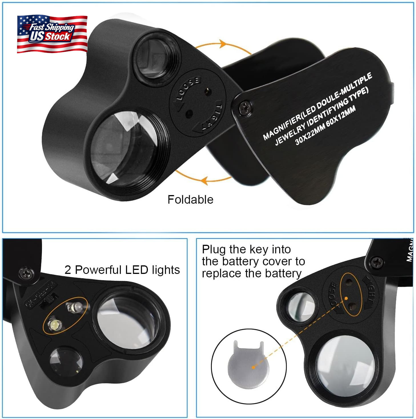 HMKIS Jewelers Loupe, 2 Pack Magnifying Glass with Light, 30X 60X 90X Jewelers L