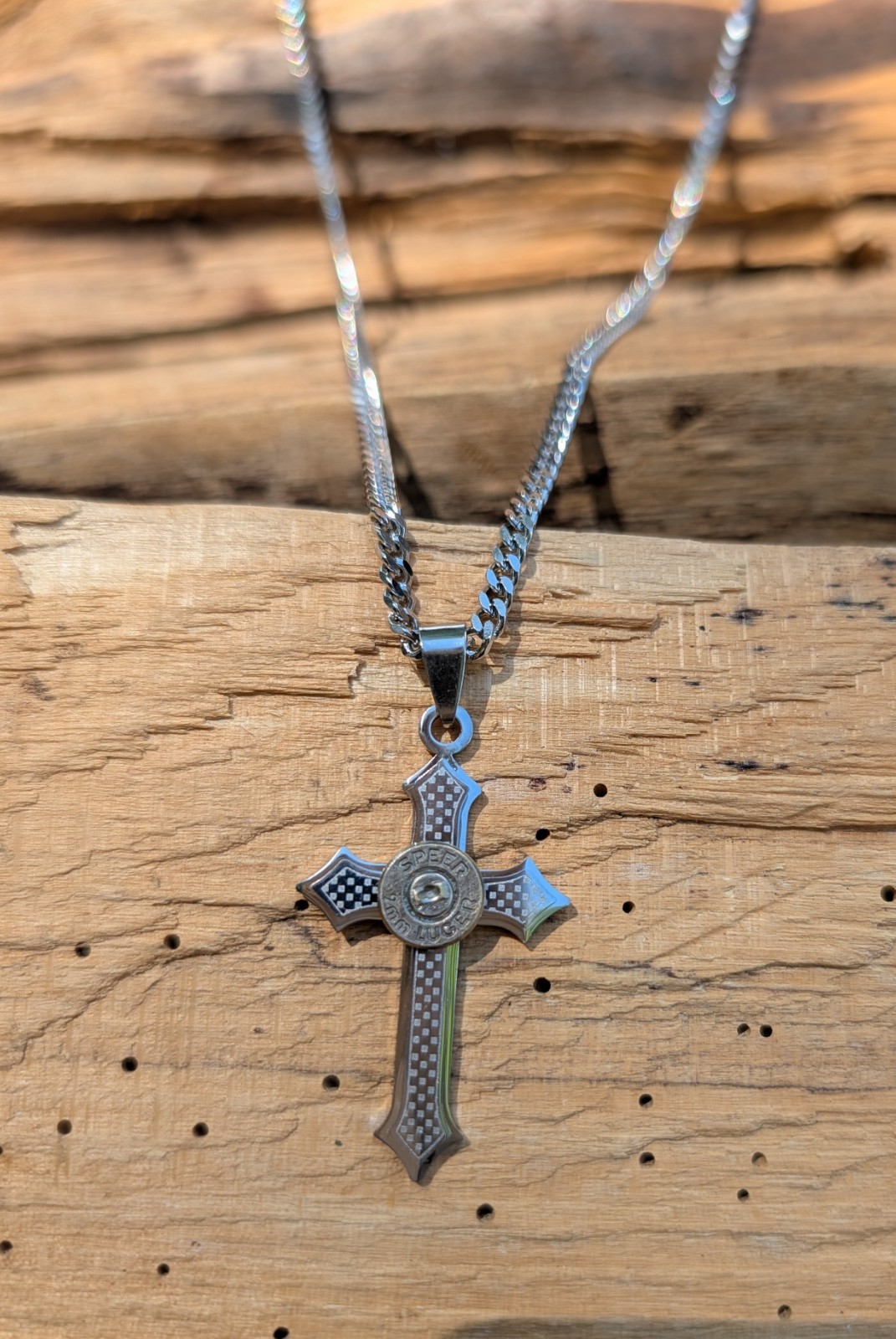 Stainless Steel Cross Necklace with 9mm Bullet. Optional Crystal.