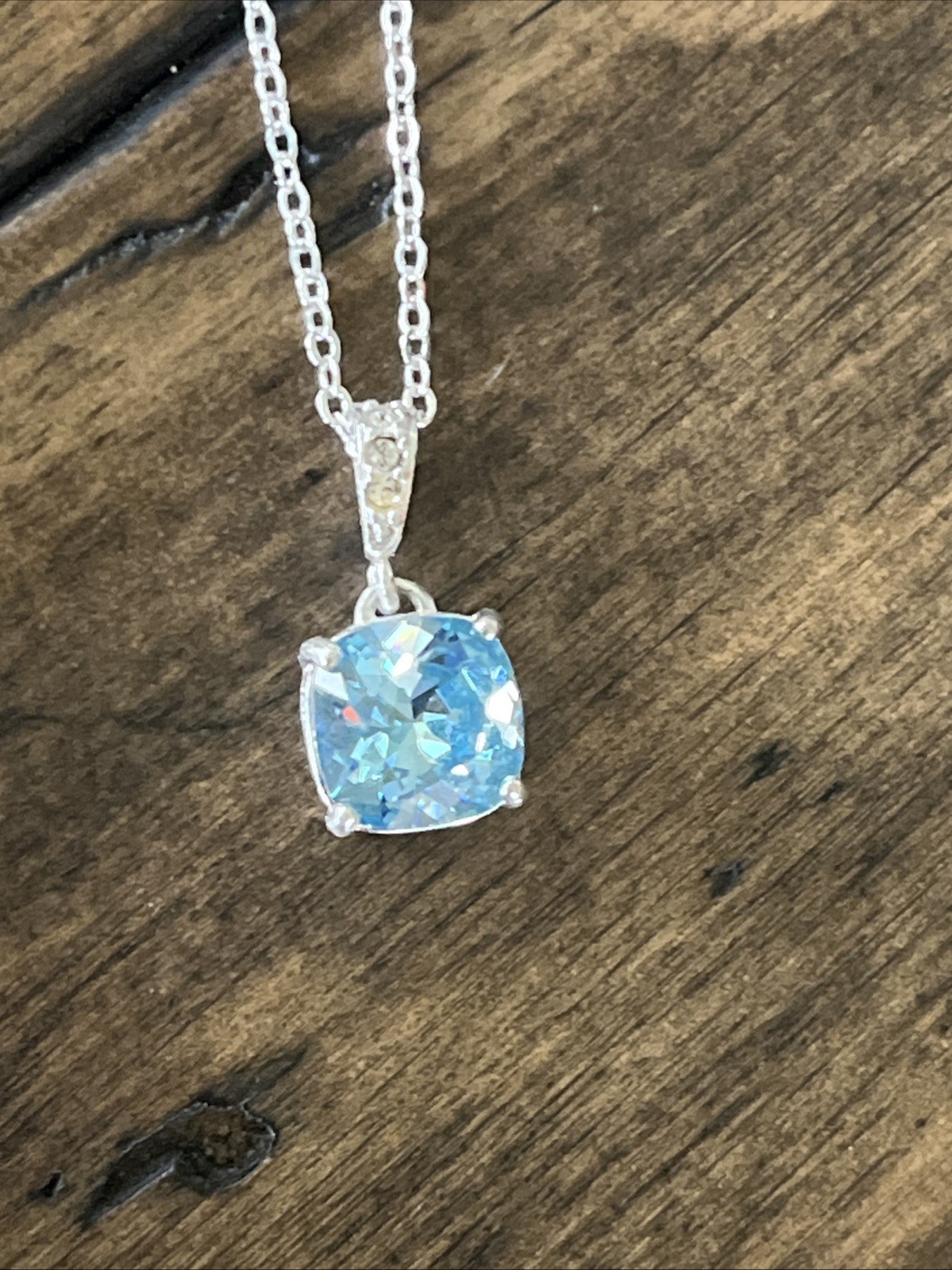 Shine Fine Silver Plted Cushion Cut Blue Crystal Necklace Swarovski Elements NIB