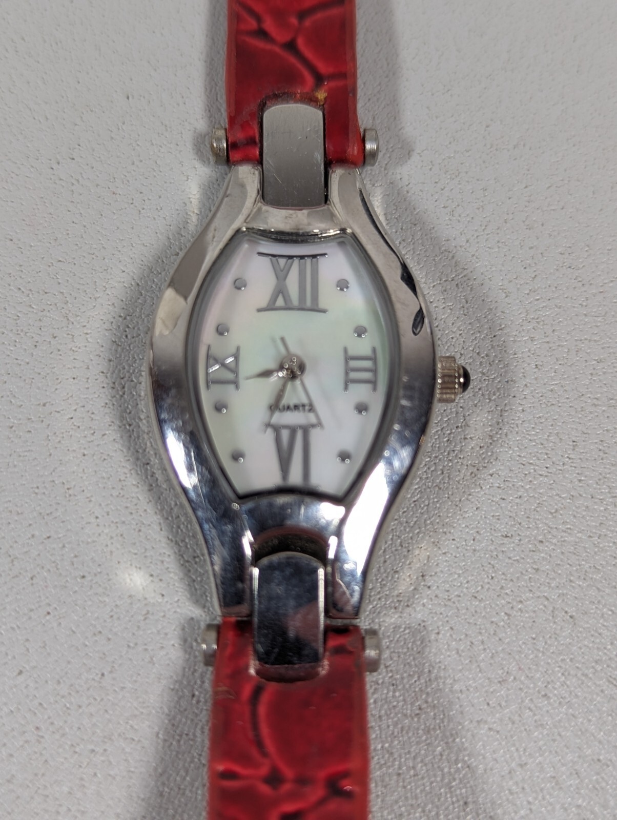 White Pearlized Dial Silver Tone Rectangle Case Red Leather Band Watch 7.25 In