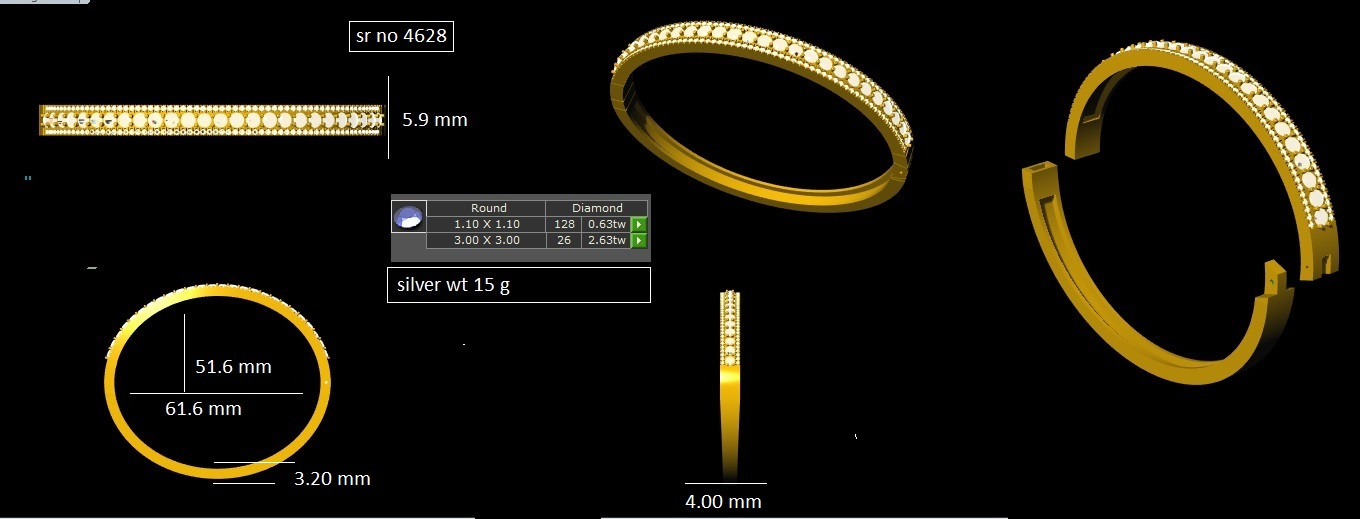 3.25 TCW Round Cut Moissanite 3-Rows Bangle Bracelet In 14k White Gold Plated