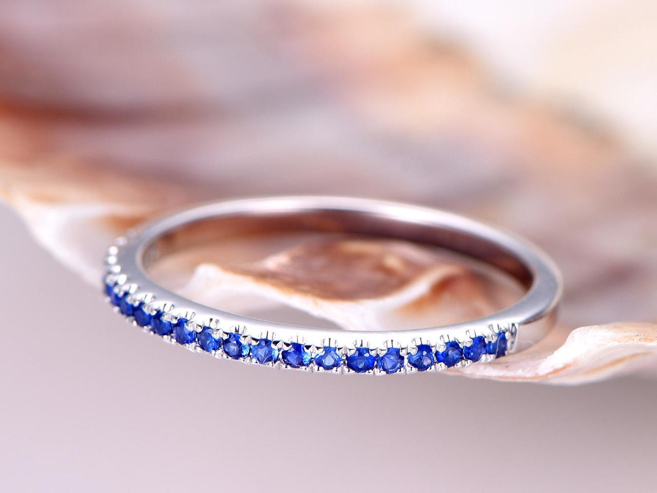 0.25 Ct Round Natural Sapphire Diamond Engagement Ring 14K White Gold Size 7.5