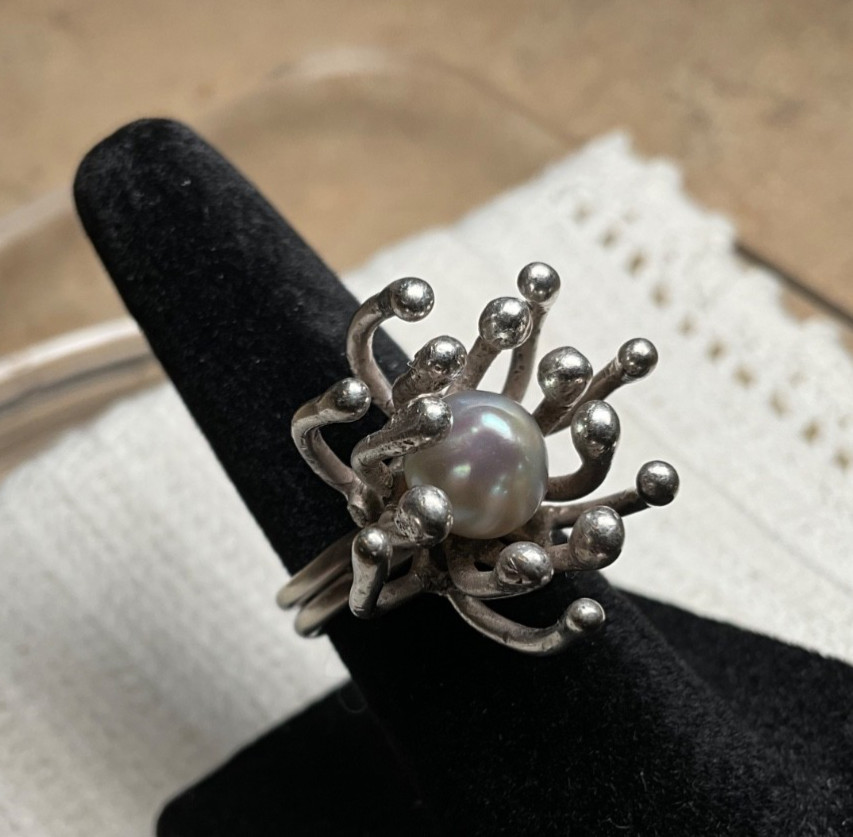 Brutalist Sterling Silver Ring Genuine Pearl Size 5