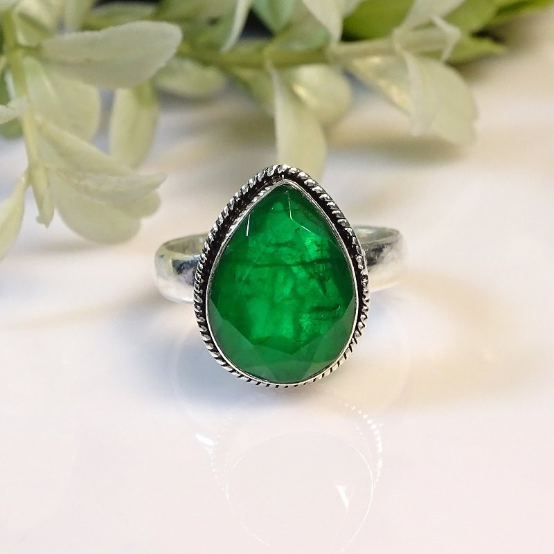 Lab-Created Emerald Doublet Quartz 925 Sterling Silver Pear Ring 9.25″ PG 2872