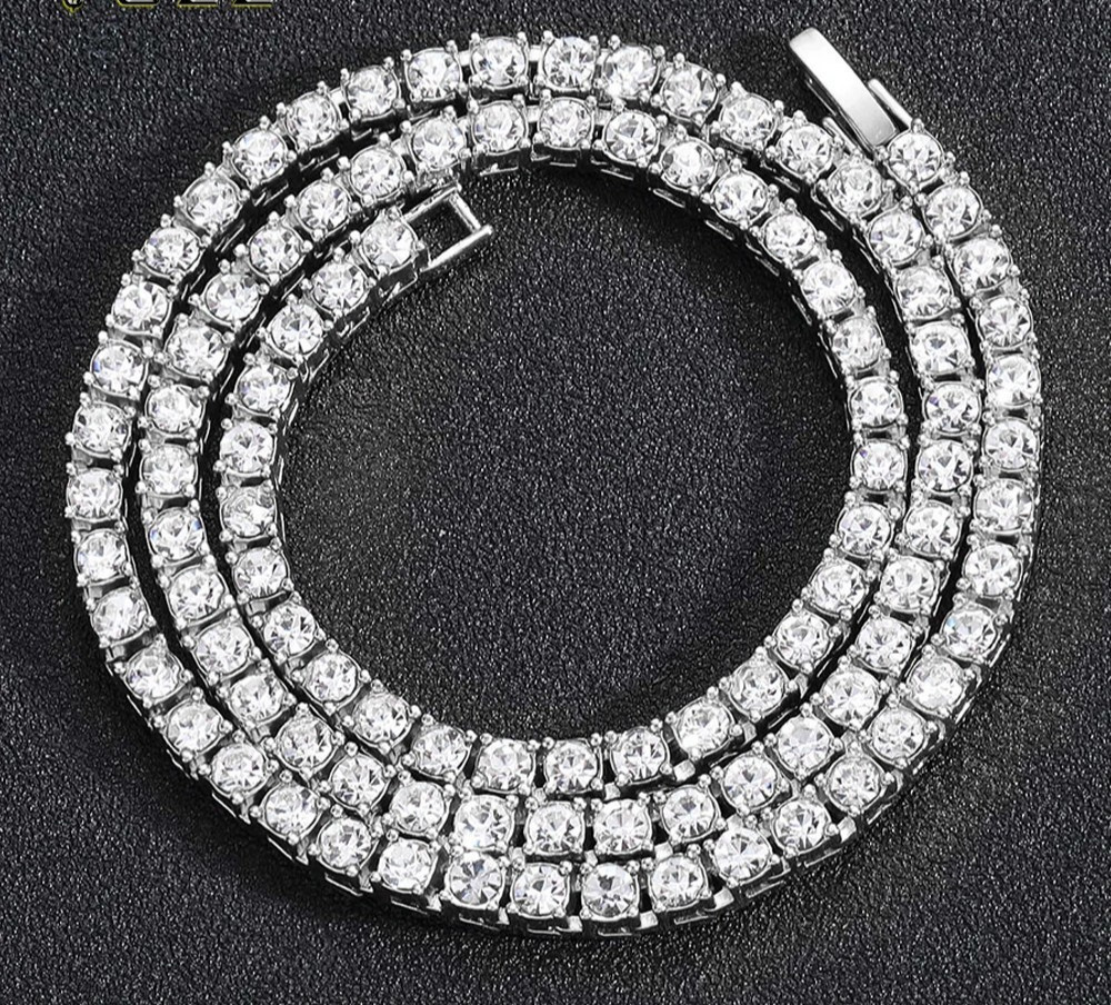 Tennis Chain Necklace Men Iced Out 5mm Silver Tone Jewelry
