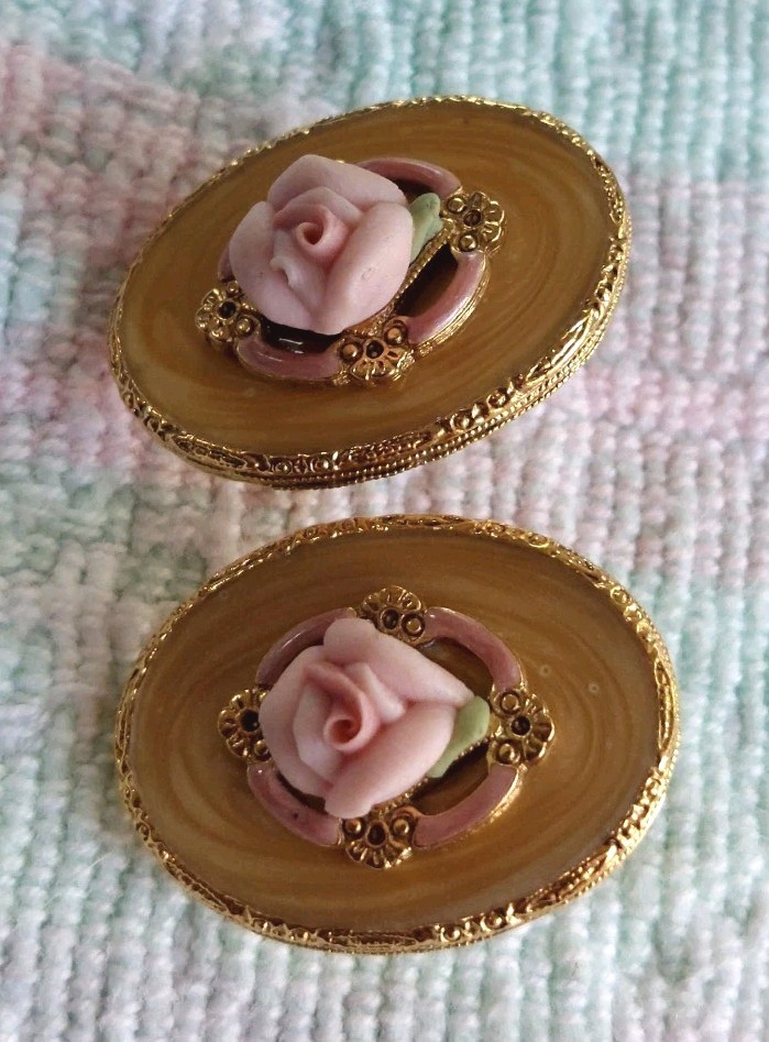 Goldtoned Oval Ornate Pierced Earrings With Ceramic Roses & Gold Swirl Enamel