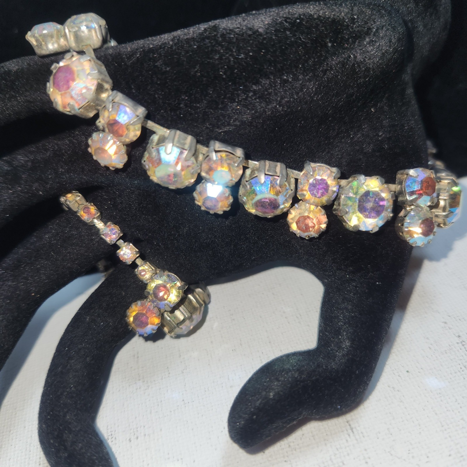 Vintage Aurora Borealis Rhinestone Choker Necklace Silver Tone J-Hook 15.5 Inch