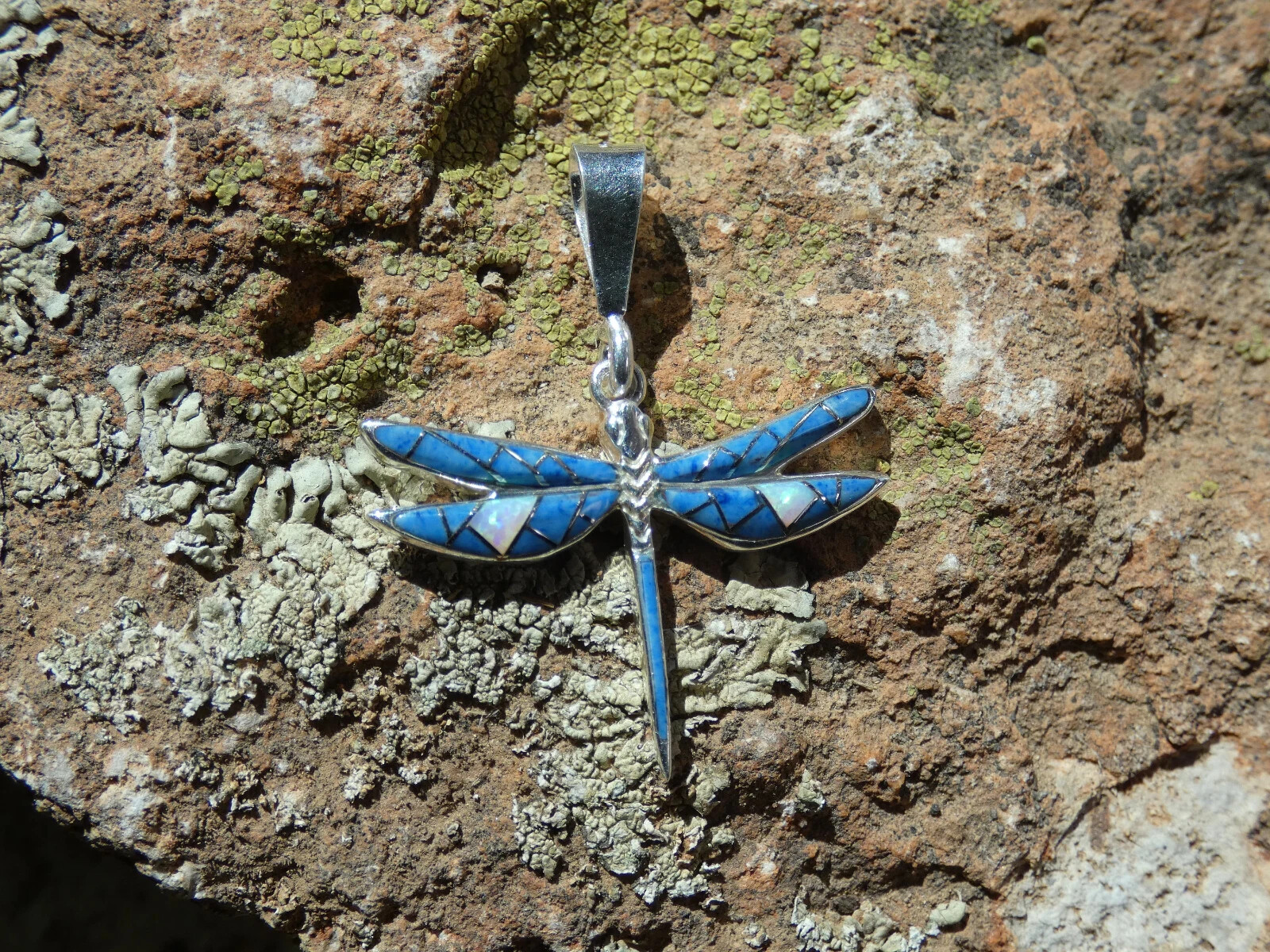 Dragonfly Southwest Sterling Silver Petite Pendant Denim Lapis Gemstone Opal B36