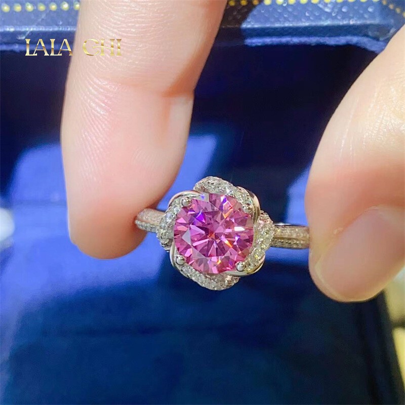 Round Pink Moissanite Women Ring Band 1CT 2CT VVS1/D Real 925 Silver Pass Tester