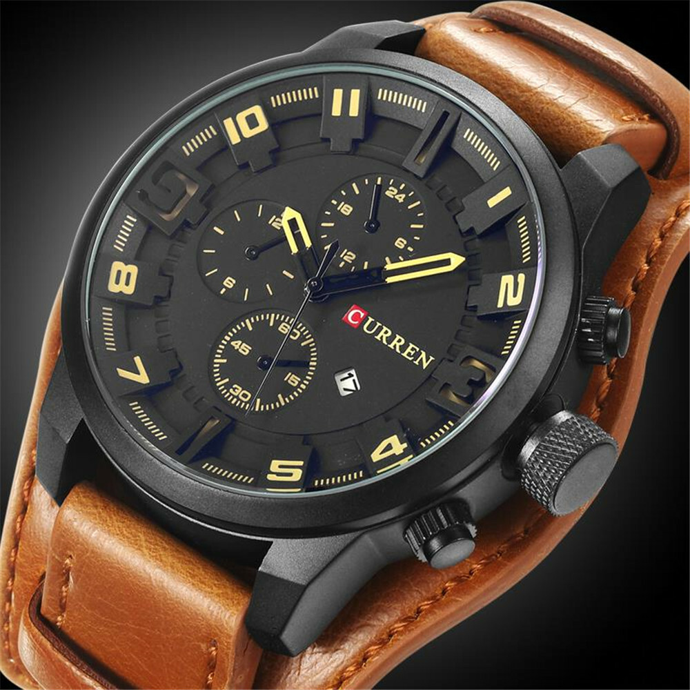 CURREN Men Quartz Watch Large Dial Fashion Leather Male Military Wristwatch Gift