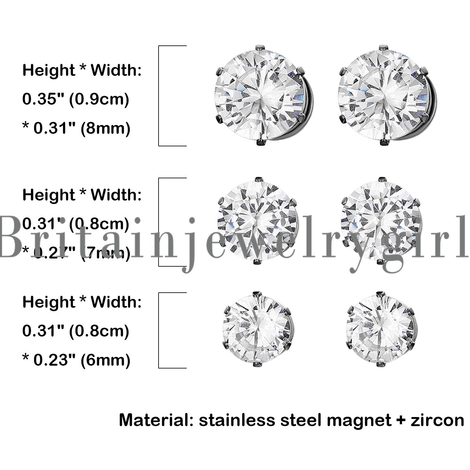 Men Women Stainless Steel Round CZ Magnetic Stud Earrings Non-Piercing Clip On
